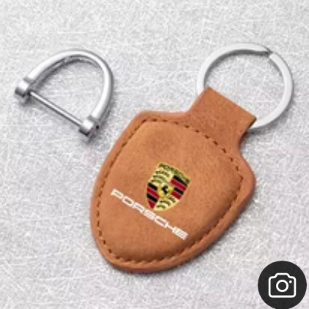 Beige Porsche Brown STUTTGART HOTROD Suede Blue Leather Crest KeyRing Key Chain